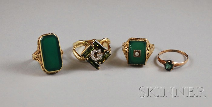 Appraisal: Four Gold and Green Stone Rings two kt gold and