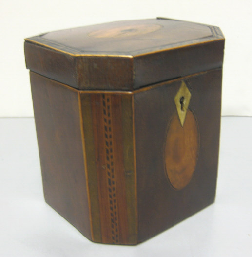 Appraisal: ANTIQUE ENGLISH MAGHOGANY TEA CADDY Sheraton style eight-sided satinwood inlay