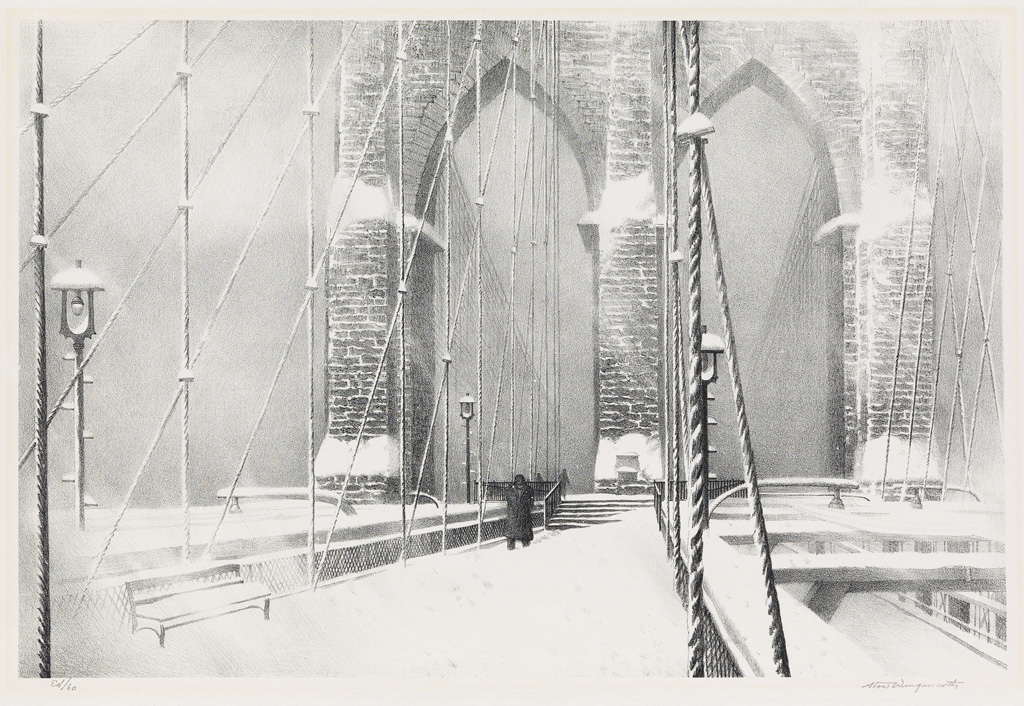 Appraisal: STOW WENGENROTH Brooklyn Bridge in Winter Lithograph on smooth cream