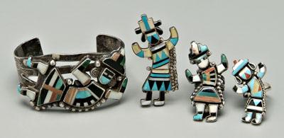 Appraisal: Four pieces Zuni figural jewelry silver bracelet - x -