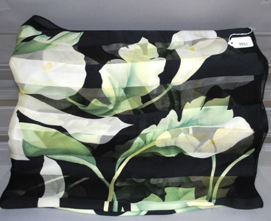 Appraisal: Black white silk flower print scarf Approx size x Very