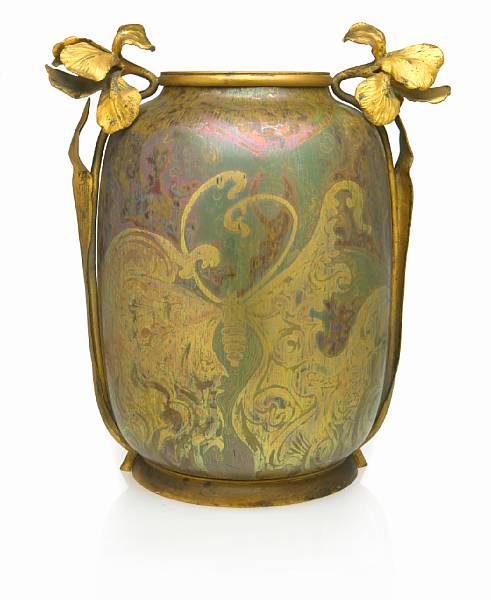 Appraisal: Cl ment Massier French - vase circa gilt-bronze and luster