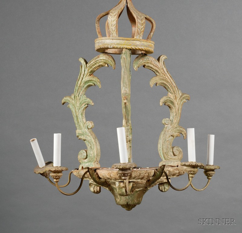 Appraisal: Louis XV Style Green Painted Beechwood Six-light Chandelier composed of