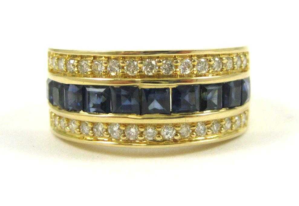 Appraisal: SAPPHIRE DIAMOND AND FOURTEEN KARAT GOLD RING with two rows