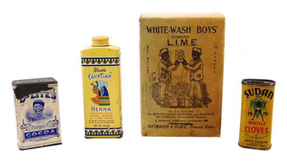 Appraisal: BLACK AMERICANA Four advertising items White-Wash Boys Lime Hatmaker Place