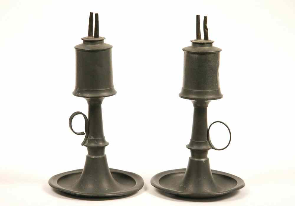 Appraisal: PAIR RARE PEWTER WHALE OIL LAMPS - Pair of Early