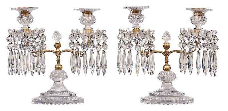 Appraisal: Pair of Regency Cut Glass Two Arm Candelabras British early