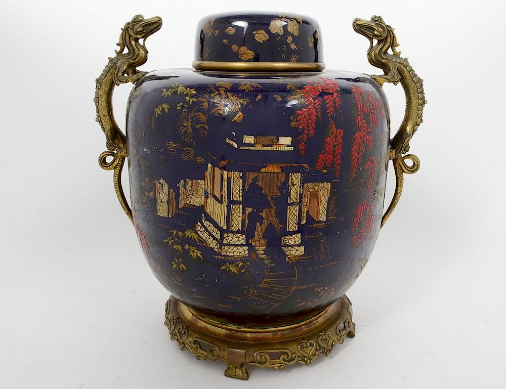 Appraisal: CHINESE INSPIRED SEVRES PORCELAIN LIDDED JAR Circa The blue de