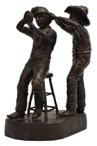 Appraisal: Patinated bronze sculpture Bunkhouse Barbers signed in the bronze Doney