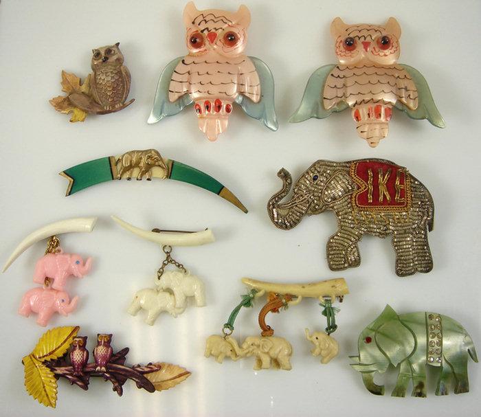 Appraisal: elephant and owl plastic costume jewelry pins one metal thread