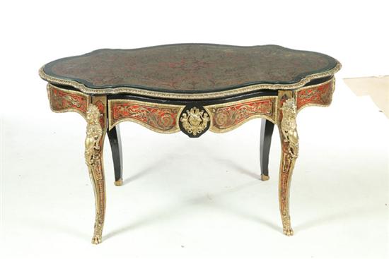 Appraisal: BOULLE-DECORATED LIBRARY TABLE France late th century Black lacquer with