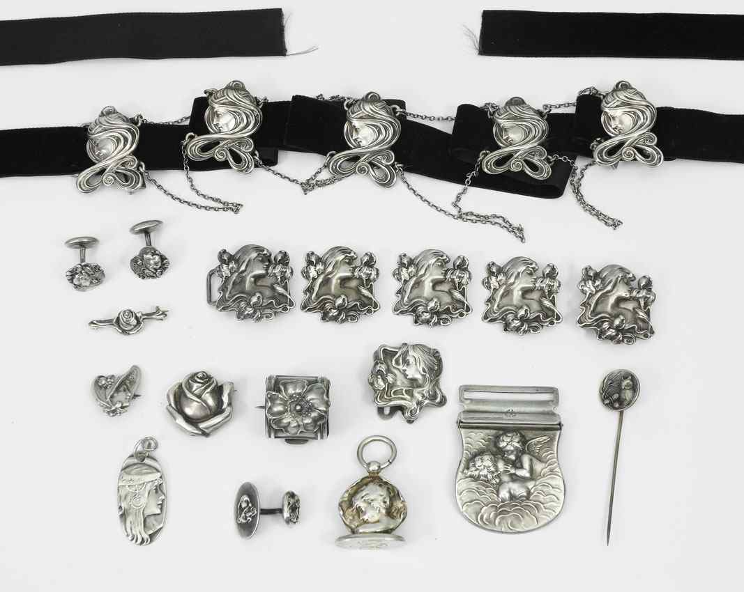 Appraisal: ART NOUVEAU STERLING SILVER JEWELRY To include Belt set pieces