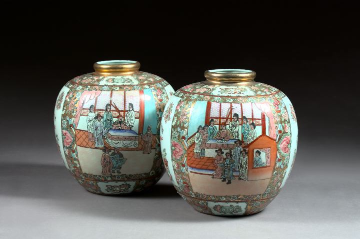 Appraisal: Large Pair of Chinese Export Rose Mandarin Porcelain Spherical Garniture