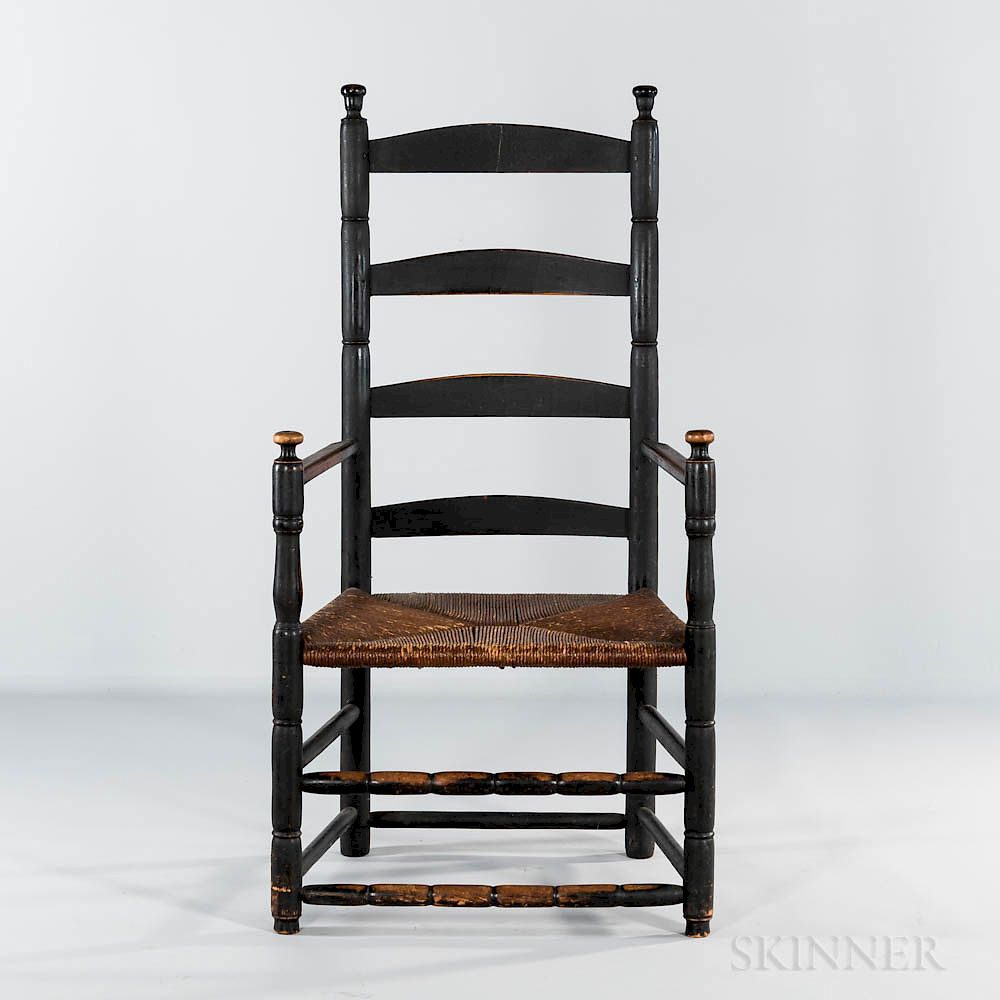 Appraisal: Black-painted Turned Slat-back Armchair Black-painted Turned Slat-back Armchair New England