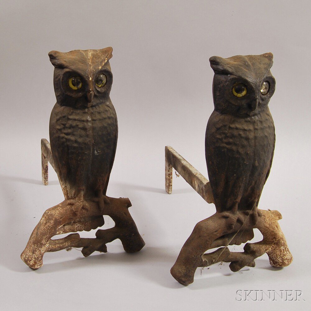 Appraisal: Pair of Cast Iron Owl Andirons Boston th th century