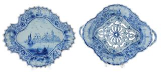 Appraisal: Delft Colander with Stand th th century four lobed scalloped