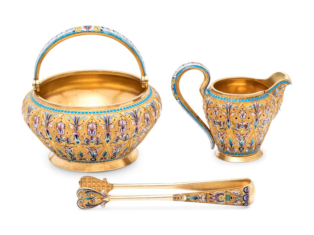 Appraisal: A Russian Silver-Gilt and Shaded Enamel Creamer and Sugar Set