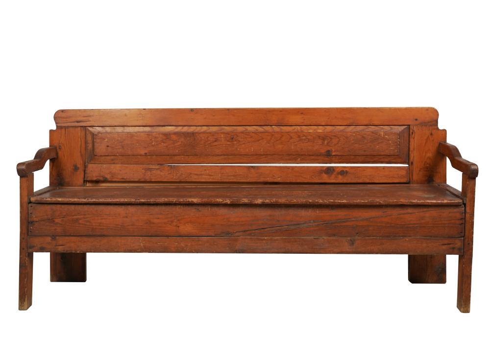 Appraisal: RUSTIC PINE HALL BENCHwith hinged storage seat inches wide inches