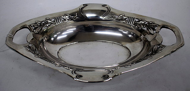 Appraisal: A POSSIBLY AUSTRIAN SILVER OVAL DISH with pierced handles to