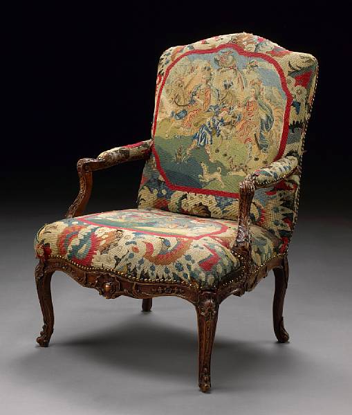 Appraisal: A R gence needlework upholstered beechwood fauteuil la reine first