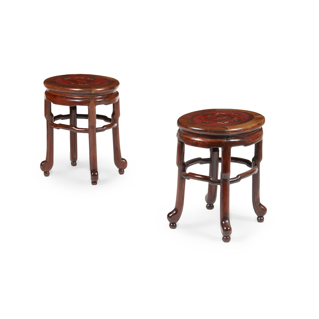 Appraisal: PAIR OF HONGMU STOOLS WITH INSET CLOISONN ENAMEL PANELS the