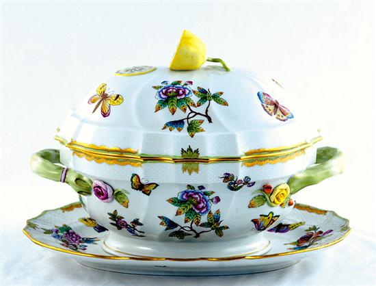 Appraisal: Herend porcelain covered tureen and platter Queen Victoria pattern green