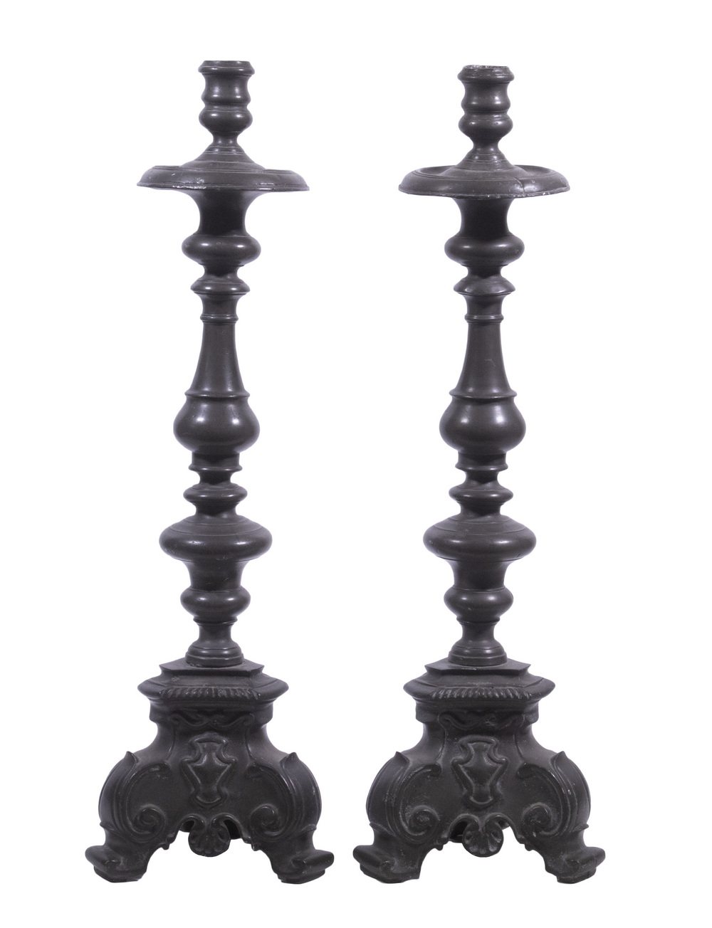 Appraisal: PR BAROQUE PEWTER CANDLESTICKS Pair of th c Continental Pewter