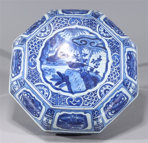 Appraisal: Chinese blue and white octagonal covered porcelain vessel with fish