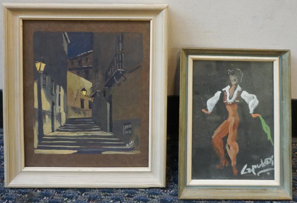 Appraisal: THE MATADOR MIXED MEDIA AND EUROPEAN ALLEYWAY WATERCOLOR TWO WORKSThe