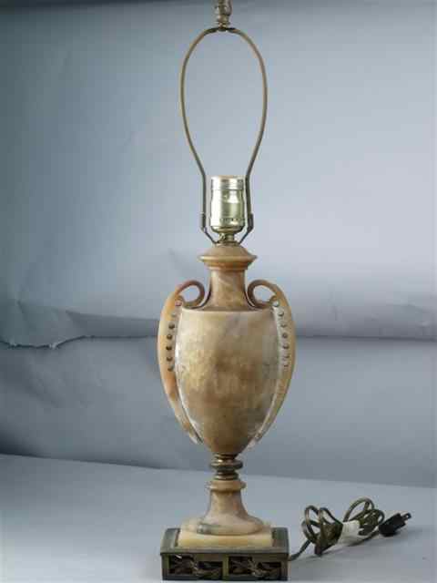 Appraisal: TINTED ALABASTER TABLE LAMP of baluster form with pierced handles