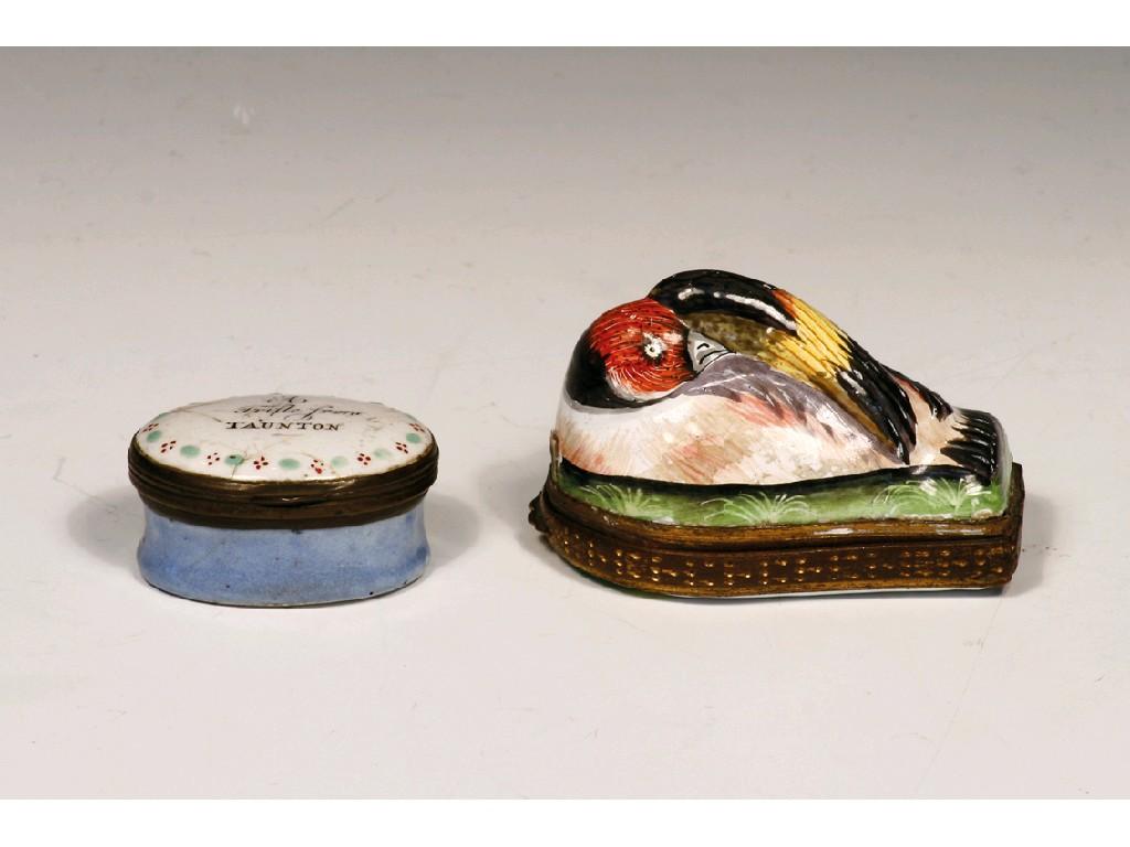 Appraisal: A STAFFORDSHIRE ENAMEL SNUFF BOX moulded in the form of