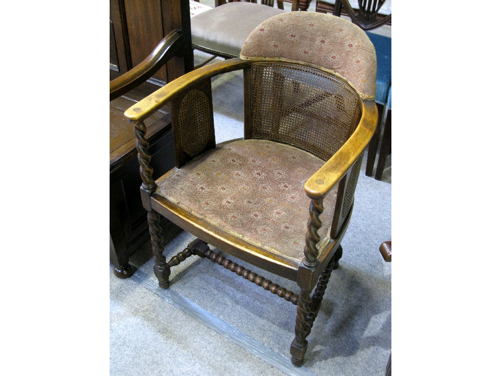 Appraisal: Oak barley twist and bergere tub chair