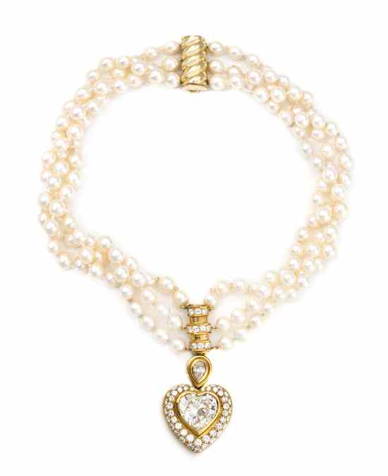 Appraisal: A Karat Yellow Gold Diamond and Multistrand Pearl Necklace containing