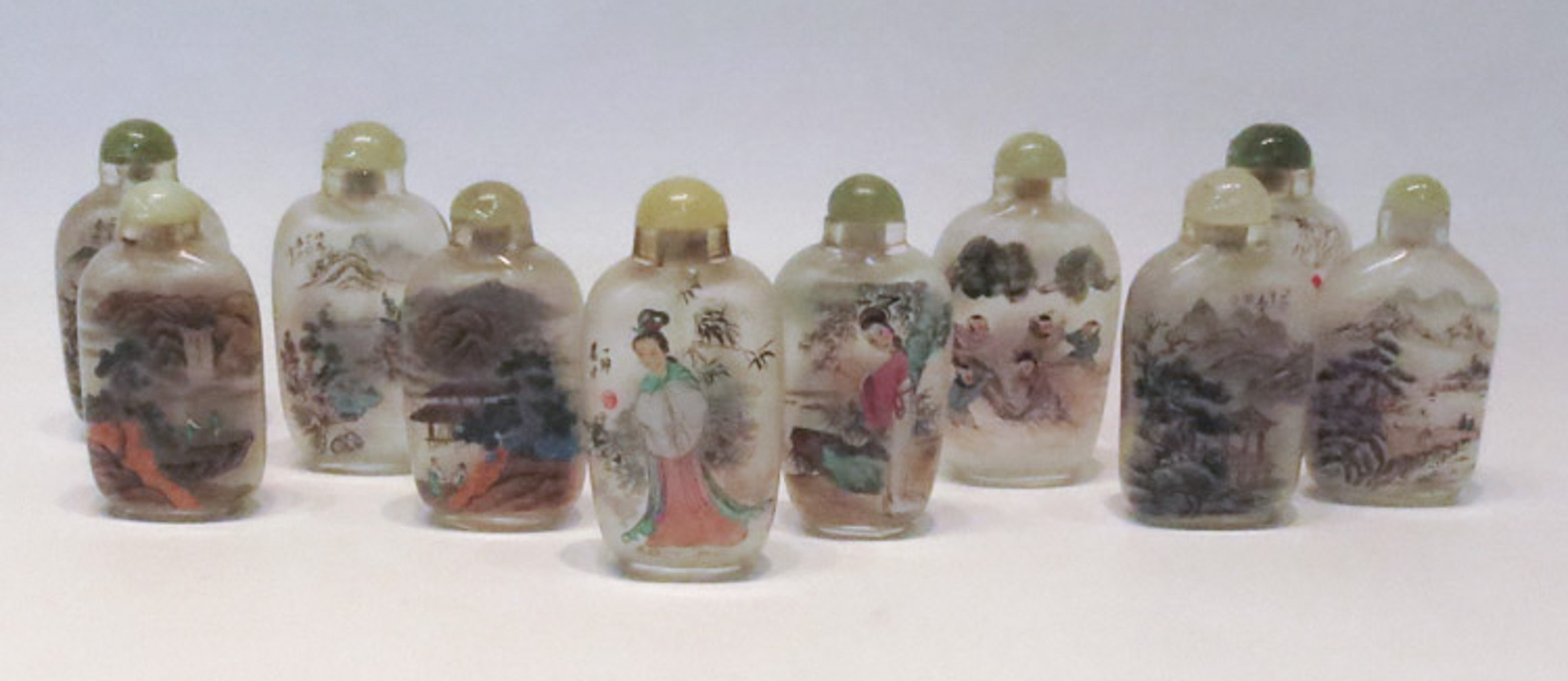 Appraisal: CHINESE REVERSE PAINTED GLASS SNUFF BOTTLES set of ten flattened