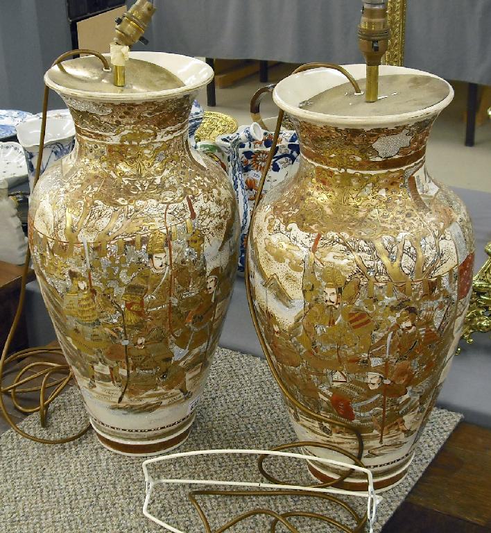 Appraisal: Pair of large Japanese Satsuma vases converted into lamps decorated