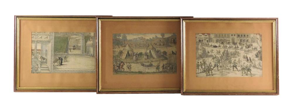 Appraisal: Set of three hand-colored engravings possibly th C Belgium one