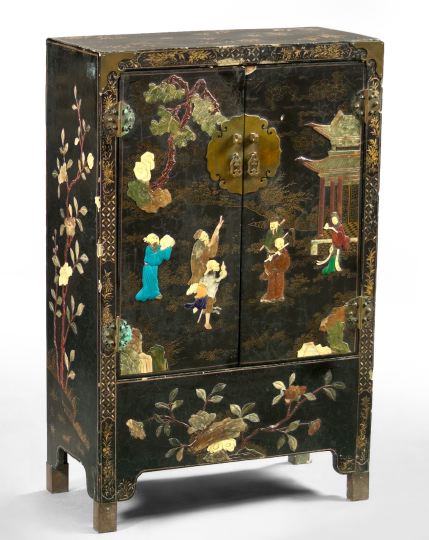 Appraisal: Chinese Black-Lacquered Cabinet early th century of rectangular form fitted