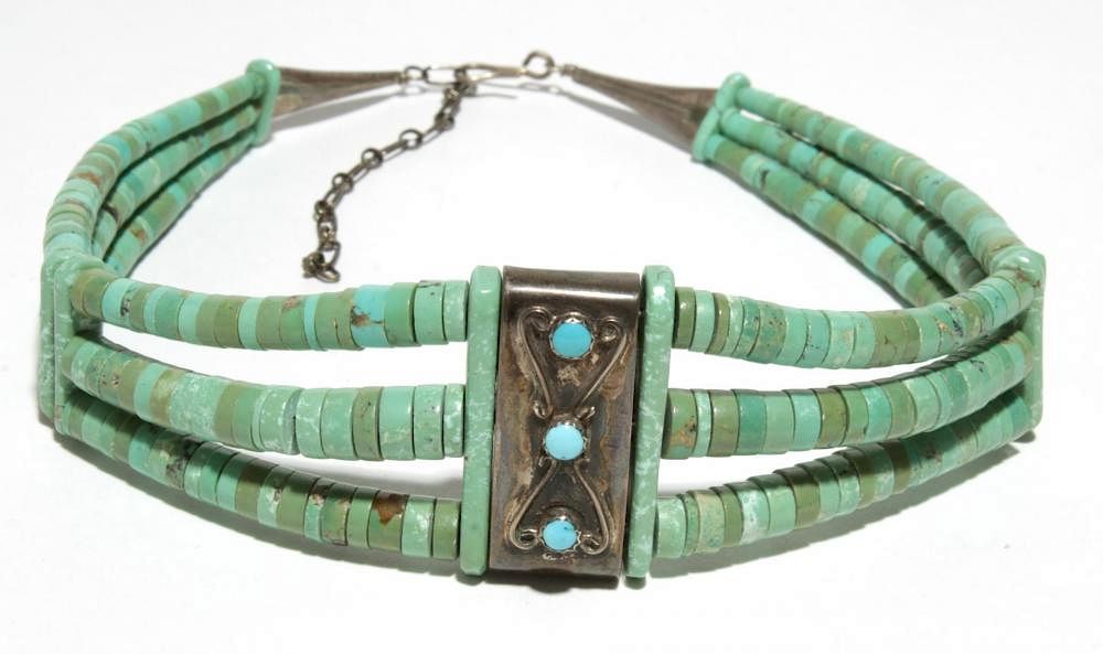 Appraisal: Navajo Turquoise Bead Silver Choker Necklace Native American Indian Navajo