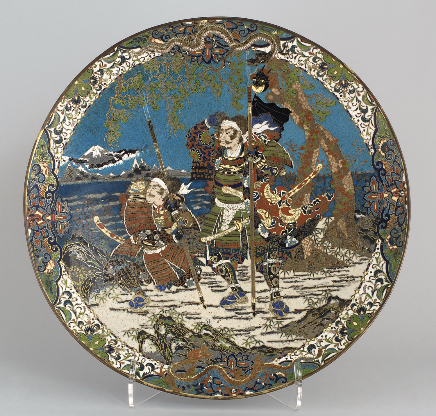 Appraisal: CLOISONN ENAMEL CHARGER Meiji PeriodWith dramatic depiction of two samurai