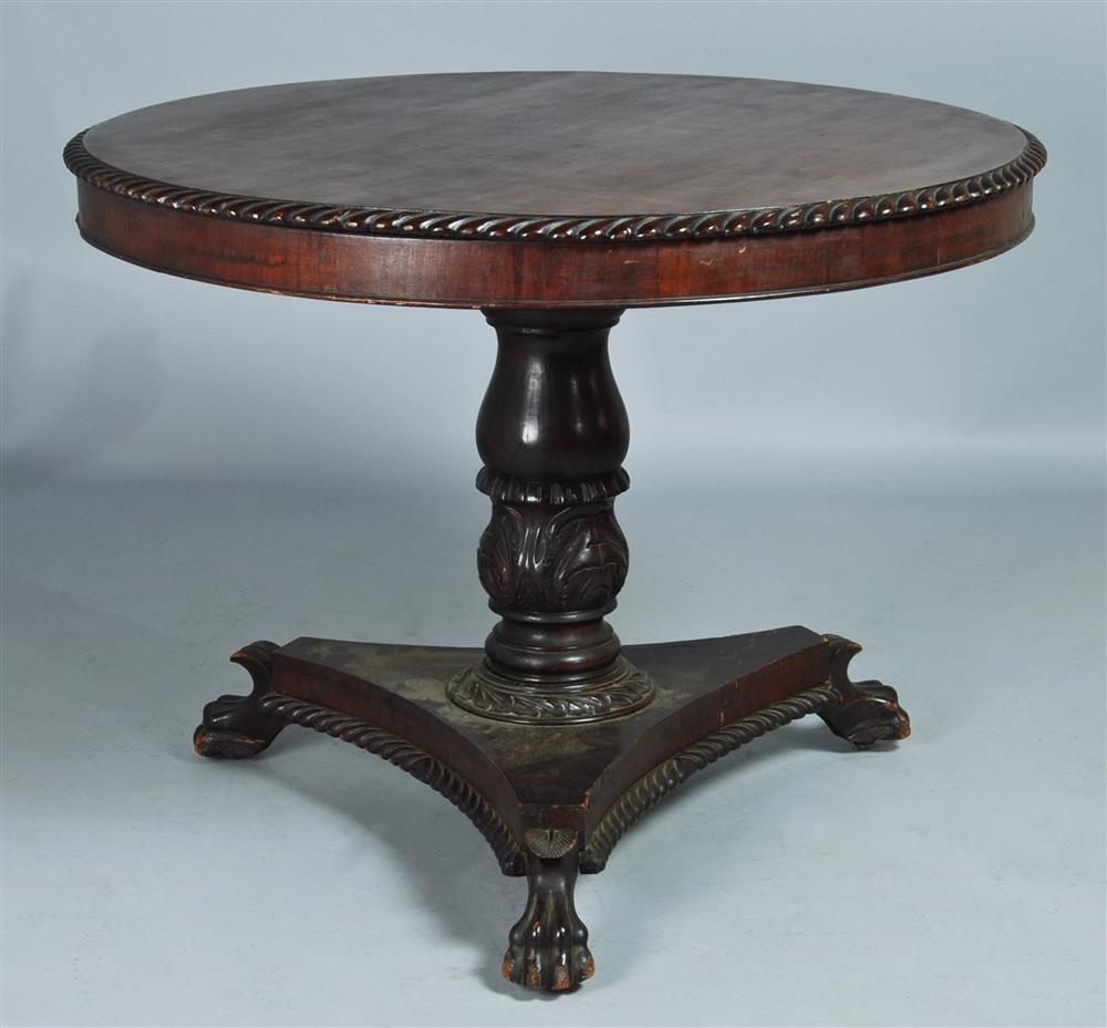 Appraisal: CLASSICAL STYLE TILT TOP MAHOGANY PEDESTAL TABLE WITH TRIPARTITE BASE