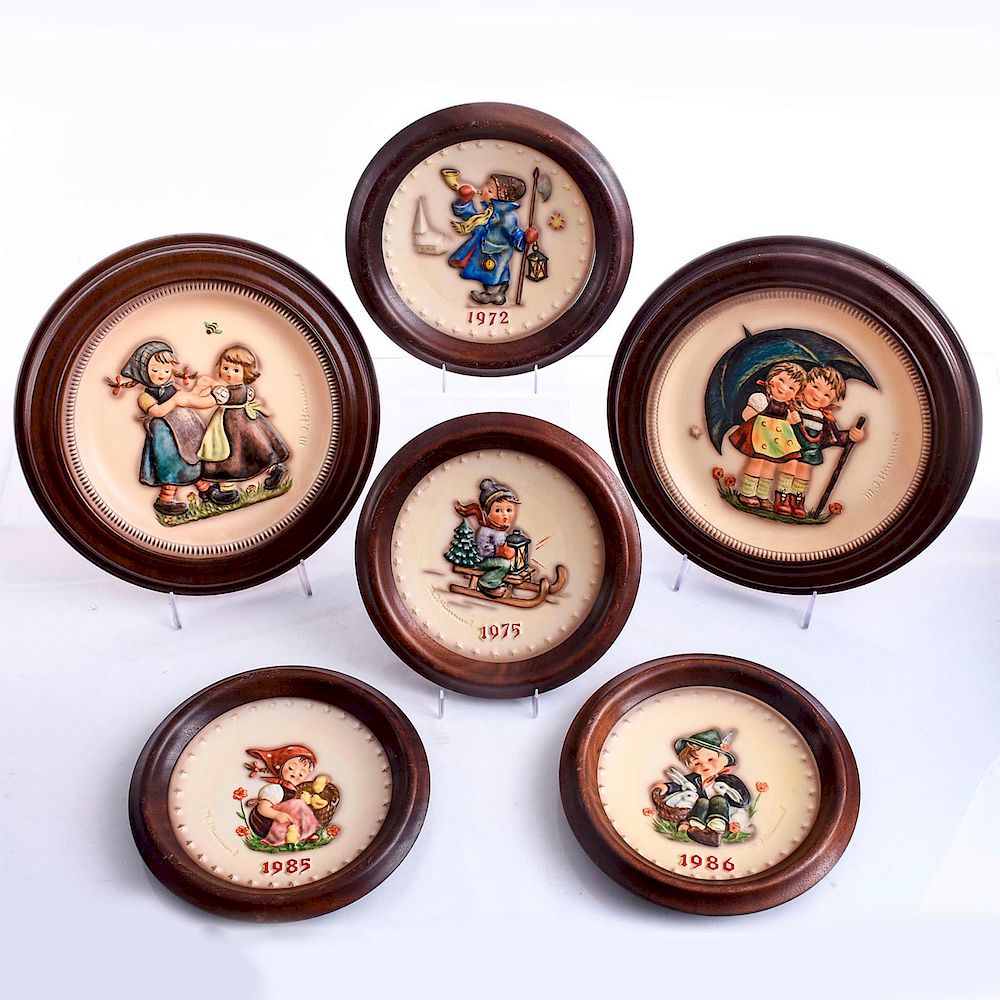 Appraisal: WOOD FRAMED HUMMEL PLATES Hand painted dated on back D