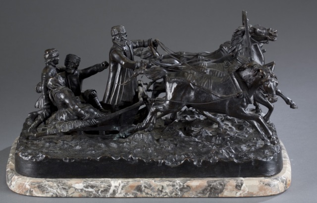 Appraisal: Russian Bronze Troika Sled Scene Bronze mounted on granite Untitled