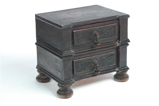 Appraisal: MINIATURE CHEST OF DRAWERS American th century pine Jacobean-style chest