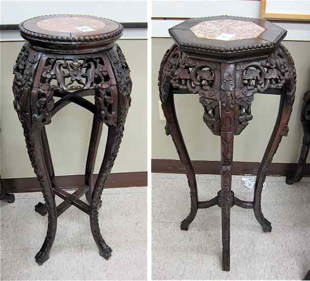 Appraisal: TWO CARVED HONGMU PEDESTAL TABLES Chinese early th century including