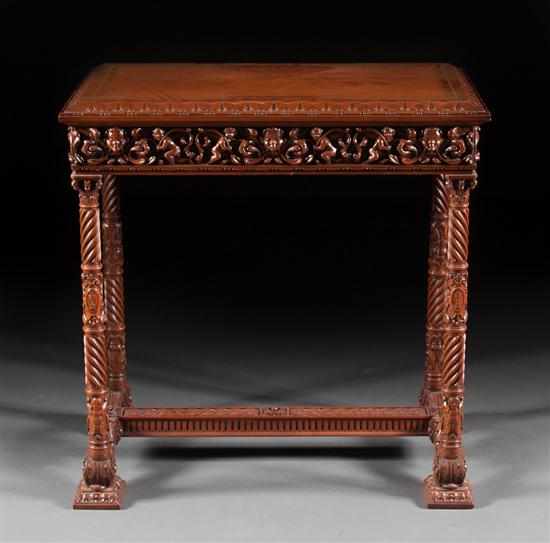 Appraisal: Contemporary Italian Renaissance style carved and banded mahogany side table