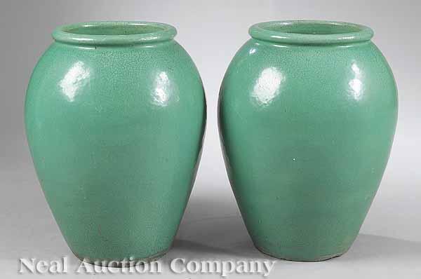 Appraisal: A Pair of Arts and Crafts Terracotta Green Crackle Glaze