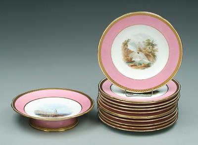 Appraisal: Twelve Mintons plates serving dish hand painted outdoor scenes pink