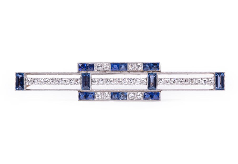 Appraisal: ART DECO PLATINUM DIAMOND AND SAPPHIRE BROOCHArt Deco Platinum Diamond