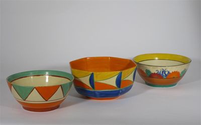 Appraisal: Original Bizarre' three Clarice Cliff bowls painted in colours printed