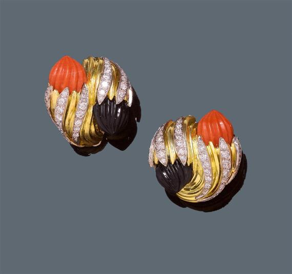 Appraisal: GOLD DIAMOND CORAL AND ONYX EAR CLIPS Yellow gold g